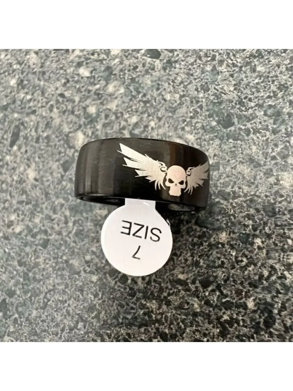 Titanium Fashion Black Skull Wings Ring size 7